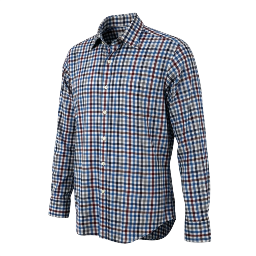 Peter Millar blue plaid button-up shirt with spread collar chest pocket curved h